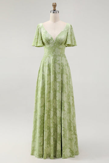 Grön Blommig En linje Kortärmad Brudtärna Klänning